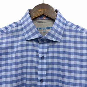 Twillory Mens 16.5 32/33 Trim Fit Blue Checkered Flip Cuff Performance Shirt euc